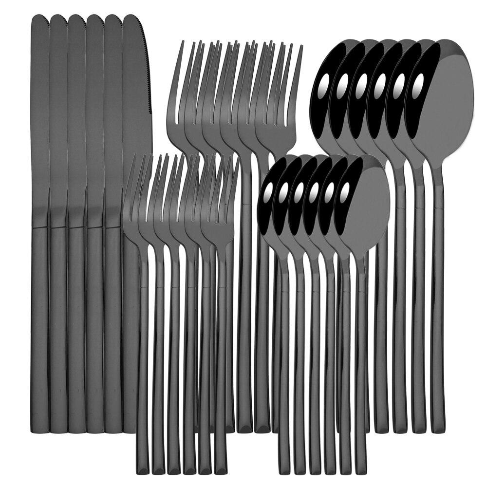 30pcs Black Gold Western Dinnerware Set Stainless Steel Cutlery Set Knife Dessert Fork Spoon Tableware Set Flatware Silverware