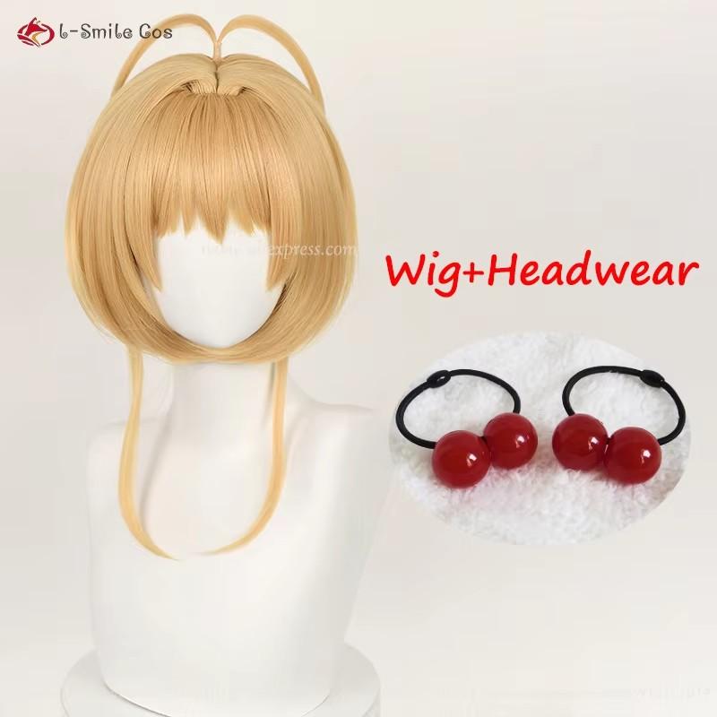 Anime Sakura Kinomoto Cosplay Kostuum Pruiken 46cm Kort Bruin/Goud Hittebestendig Synthetisch Haar Halloween Feest Pruiken + Pruikenkap beige