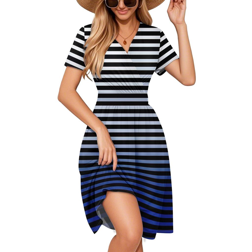 Women's Dress Is Elegant And Casual, Featuring A Colorful Printed V-neck Short-sleeved Dress