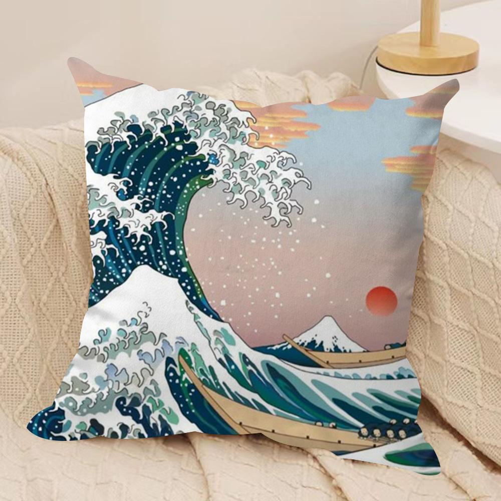 Japanese Waves Cushion Cover Silky Short Plush DoubleSided Printed Pillow Case for Sofa All Seasons Home Decor Gift