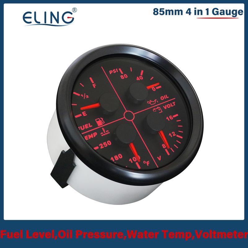 ELING 85mm 4 in 1 Multifunction Meter Oil Pressure 5Bar 10Bar 80PSI Water Temperature Oil Level 8-16V Voltmeter for Cars Ships