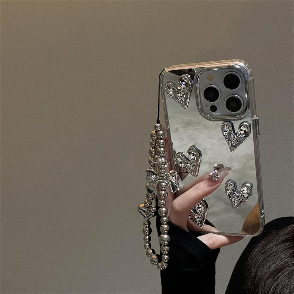 Luxury 3D Love Heart Silver Mirror Bracelet Case for iPhone 16 15 13 14 12 11 Pro Max 7 8 16 Plus X XS XR XS Max INS Back Cover