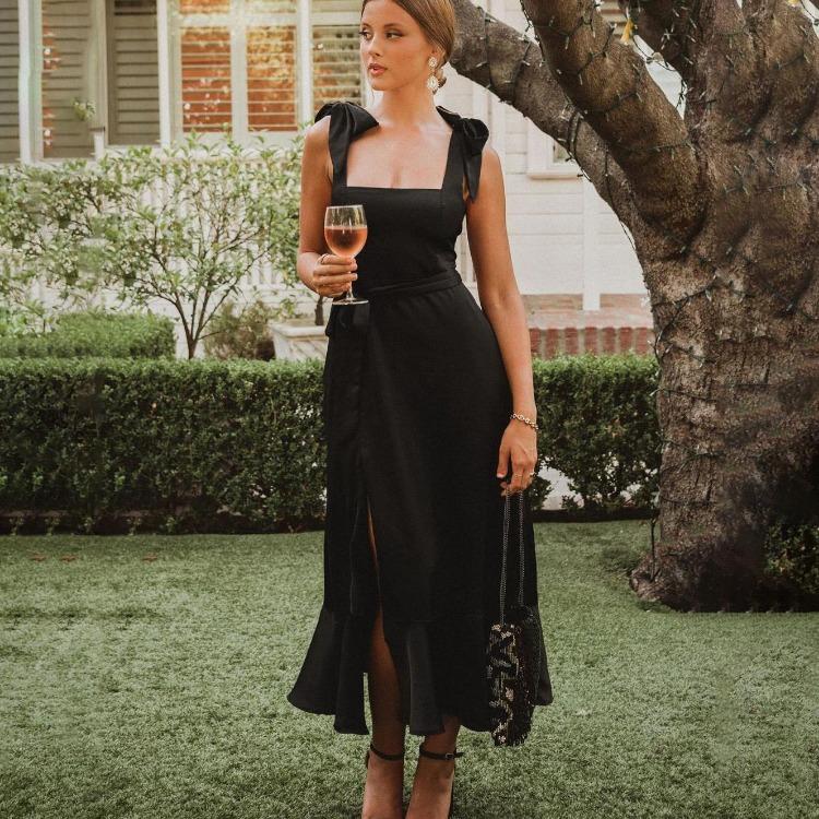 Women Summer Casual Sleeveless Spaghetti Strap A-Line Dress High Waist Long Split Solid Color Dresses