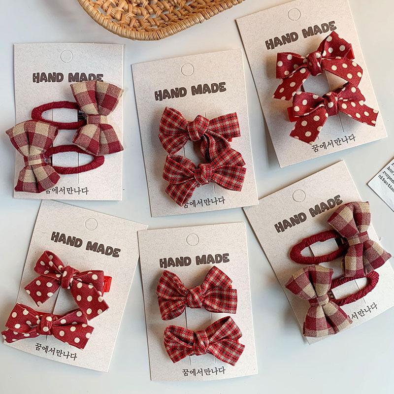Korean Red Plaid & Flower Bow Kids' Polka Dot Fabric Hair Clips