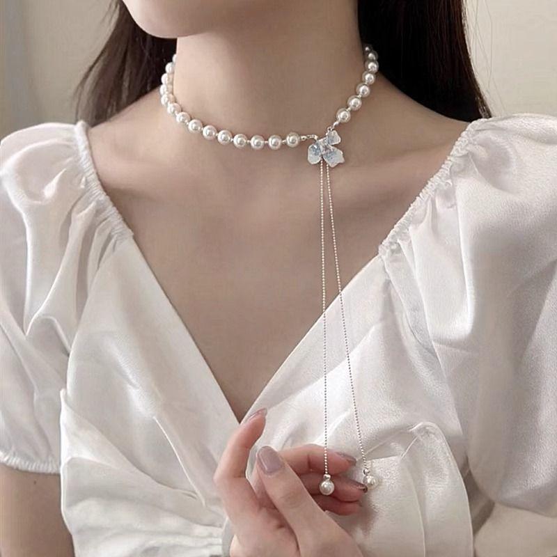 Ice crystal flower pearl necklace women's 2025 new temperament collarbone chain light luxury niche high-end pull-out neck chain