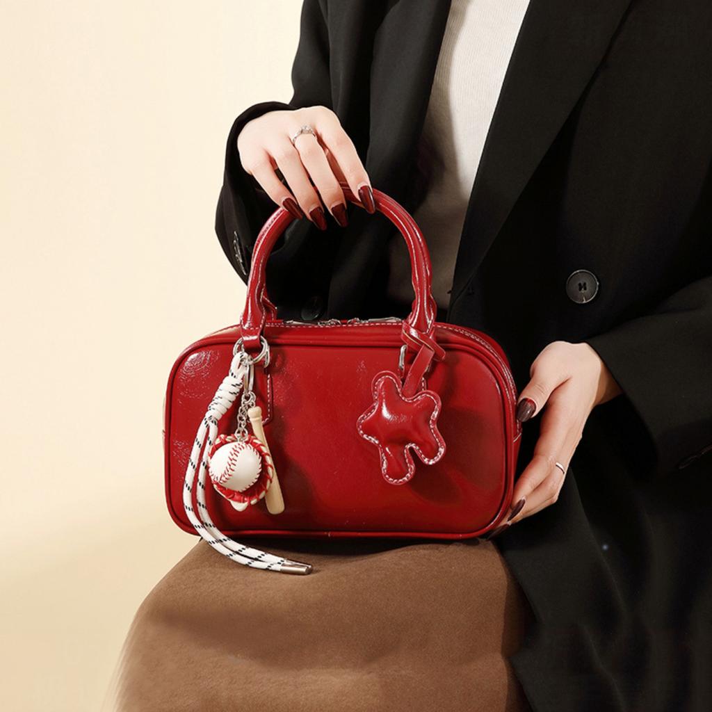 Red bridal wedding bag niche design bowling bag women's 2025 new retro handbag bag Boston bag