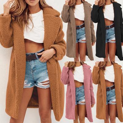 Womens Ladies Warm Faux  Coat Jacket Solid Turn Down Collar Long Outerwear