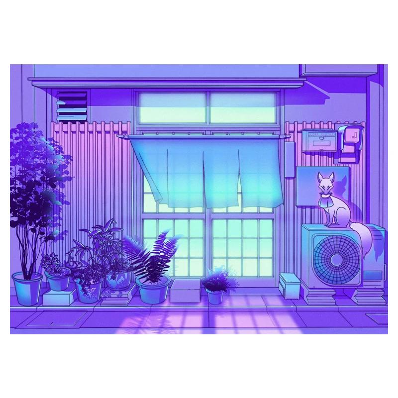 80s Vaporwave Style Wall Art Poster City Night Street Cat Canvas Painting Print Home Decoration Kawaii Room Decor Canvas Picture