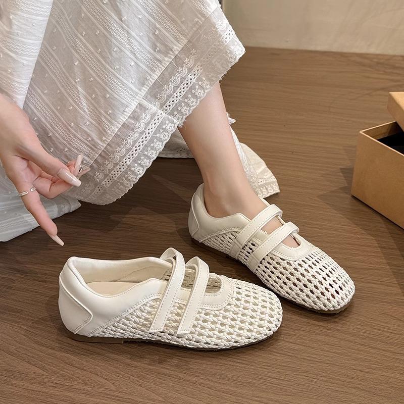Niche Retro Woven Shallow Mouth Single Shoes Women's 2025 New Summer Mesh Breathable Soft Sole Casual Mary Jane Shoes Women