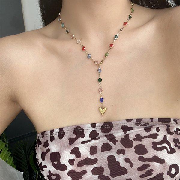 Trendy Gold Silver Color Glass Long Y-Shaped Heart Necklace Metal Collarbone Chain Party Bohemian Body Party Jewelry Gifts