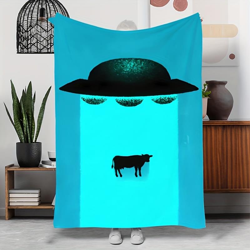 1pc SonS Turquoise UFO Alien Spaceship   Cow Print Throw Blanket - Turquoise Blue   Black Flying Saucer Bedspread,Soft Flannel 130x150cm51x59in