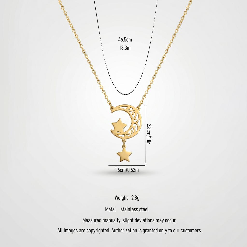 QIAOREN 11952 Elegant Boho Celestial Moon Star Pendant Necklace Gold Stainless Steel Hollow Filigree Jewelry Gift for Women