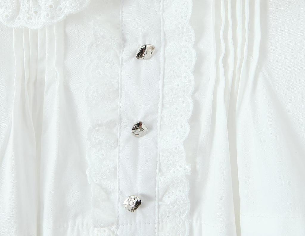 2025 Autumn Women's White Mesh Shirt with Doll Collar & Lace Puff Sleeves