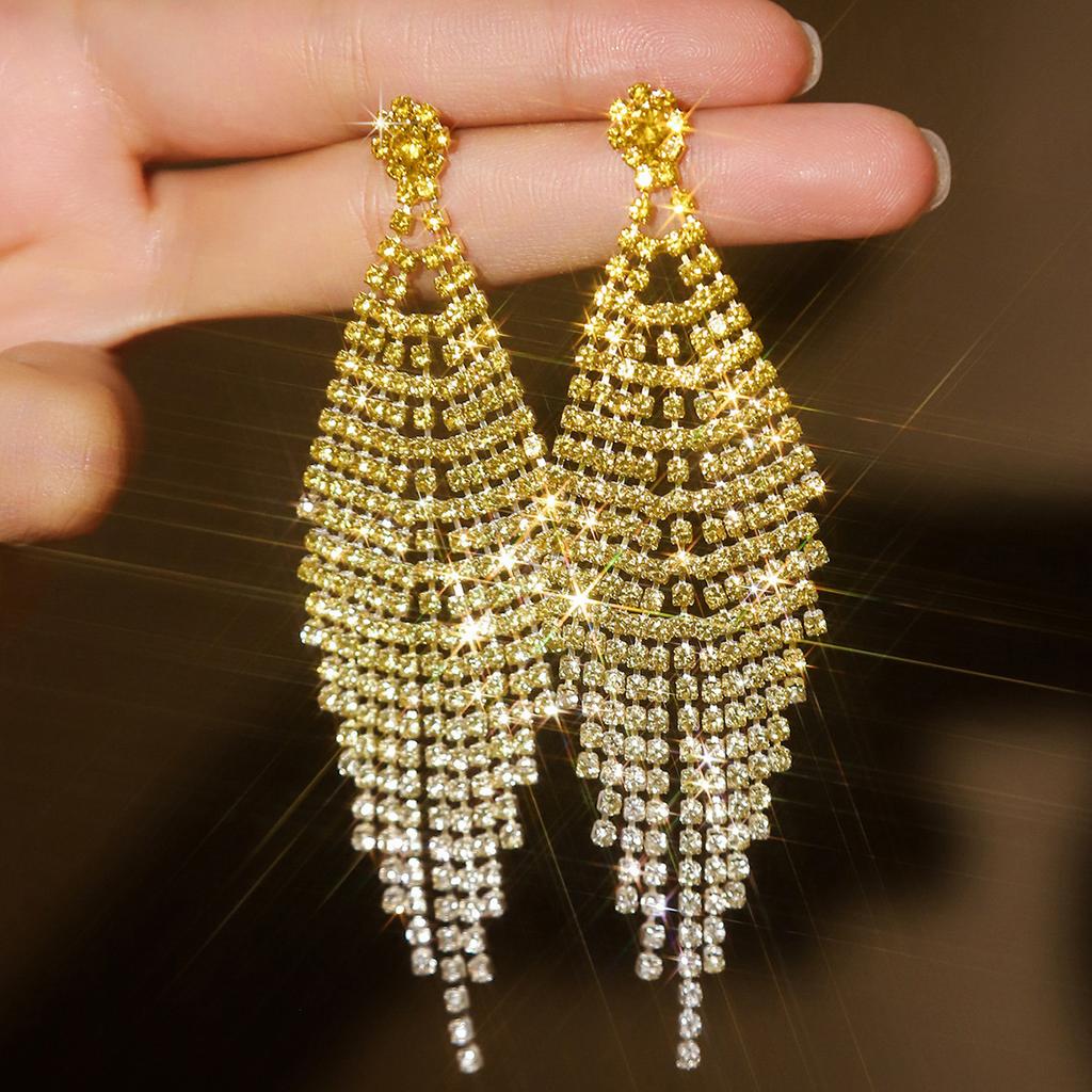 Ladies Light Luxury Rhombus Long Tassel Shines Crystal Ear Drop