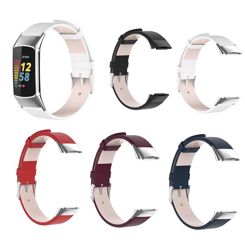 Metal Buckle Genuine Leather Smart Watch Strap Adjustable Wrist Band for Fitbit Charge 6/5