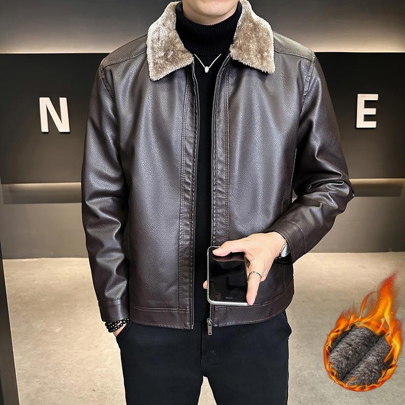 Thickened Fleece Leather Jacket Leather Men's Leather Jacket Autumn and Winter Locomotive Clothing Casual Loose Lapel Jacket Men
