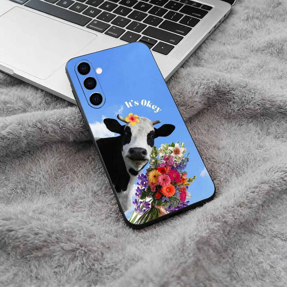 Cute and Funny Cow  Soft Silicone Phone Case for Samsung Galaxy A73/A71/A72/A70/A53/A52/A51 - Black