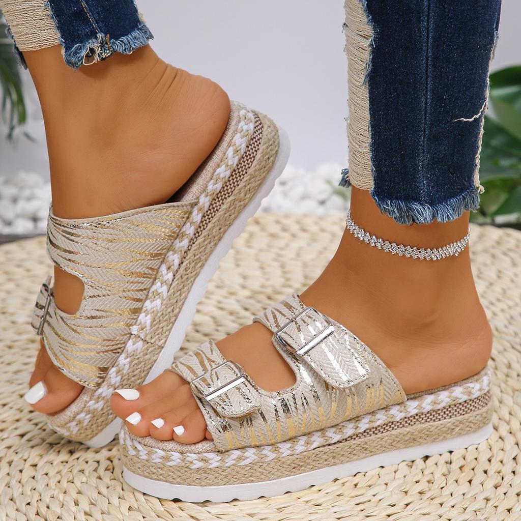 Damenhausschuhe mit dicker Sohle in großen Größen, Zehenfrei mit Gürtelschnalle, geflochtener Boden aus Hanfseil, modische Ein-Wort-Sandalen für Damen