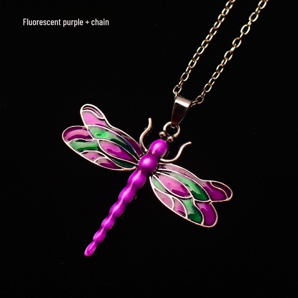 Silver Dragonfly Necklace with Luminous Butterfly - Retro Forest-Inspired