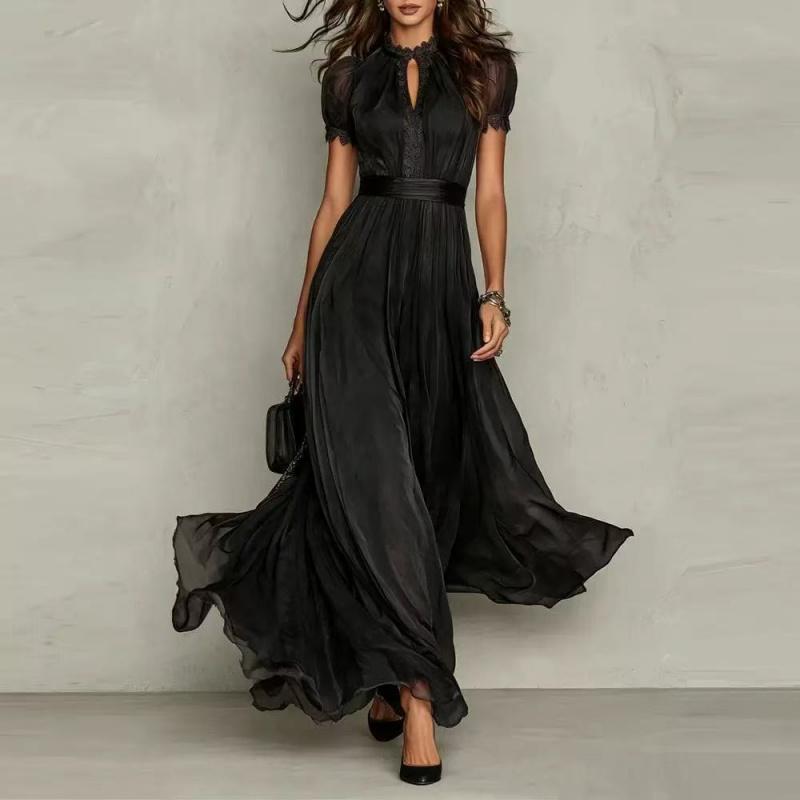 Women's Summer Chiffon Dress Printed Short Sleeve V Neck Flowy Maxi Dress Loose Layered Ruffle Lace-Up Long Dress