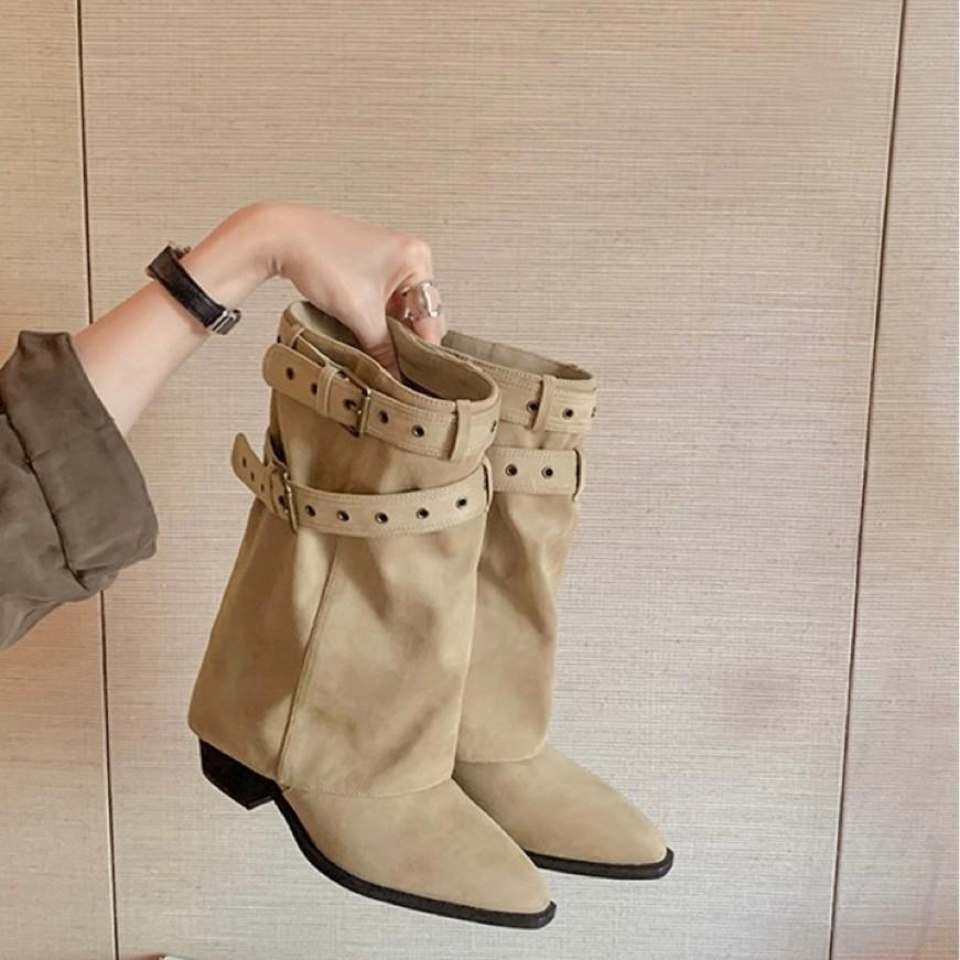 Cowhide version~ Danish trouser boots pointed buckle 6cm thick heel desert cowboy boots stacked short boots women's western boots