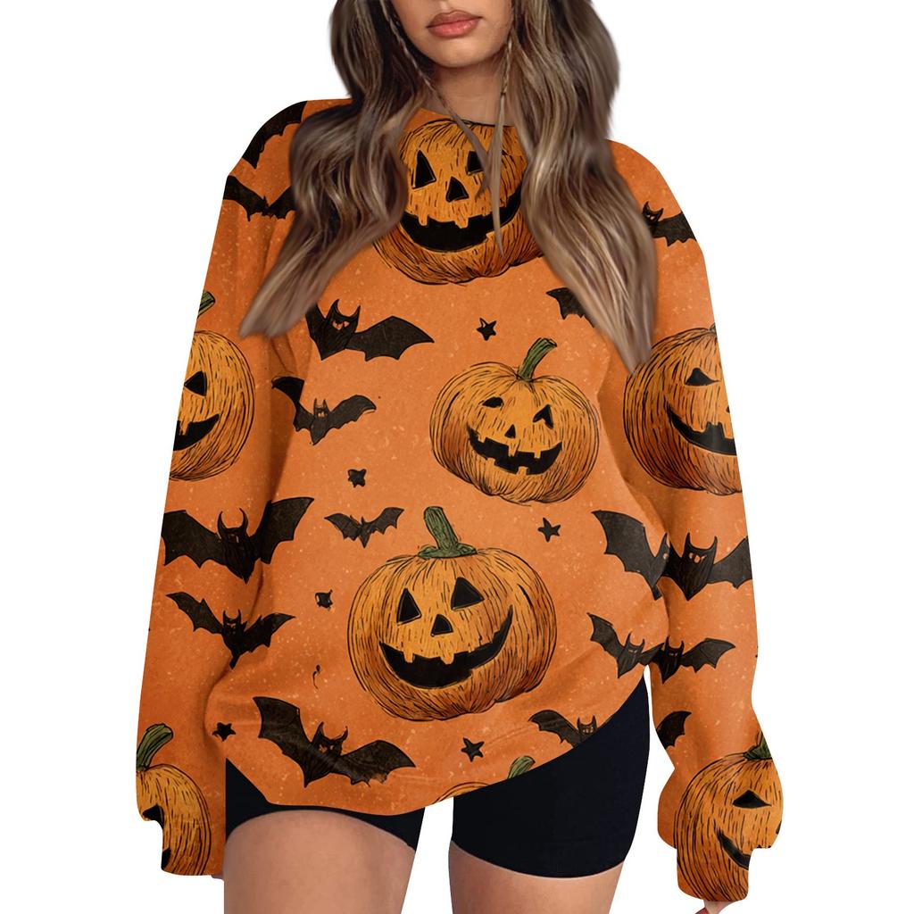 Women's Fashion Casual Long Sleeve Halloween Printed Neck Sweatshirt Top