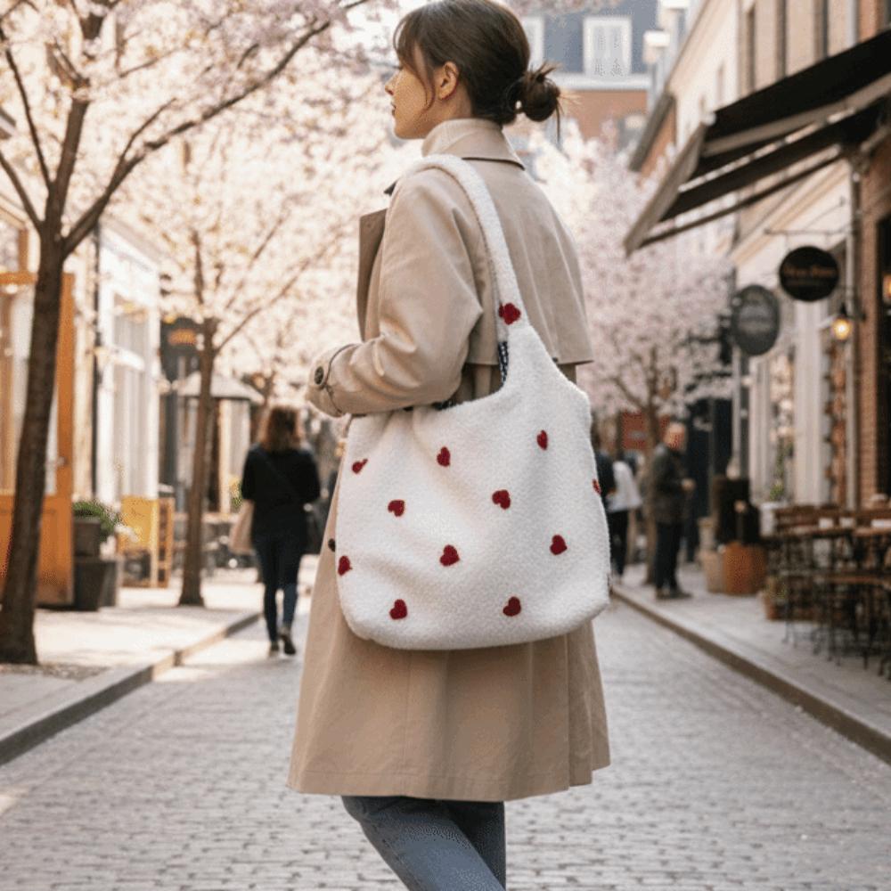 Sweet Plush Underarm Bag Large Capacity Fluffy Shoulder Bag Embroidery Flower Tote Bag Women