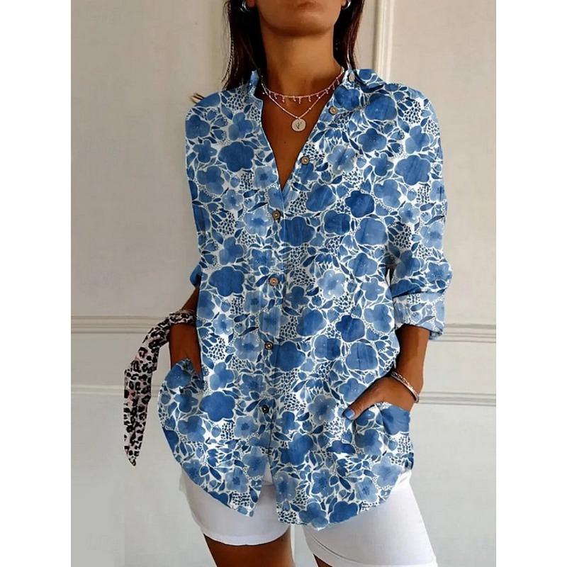 Women's Shirts Floral Active Stylish Buttons Blouse Lapel Neck Blouse Womens Long Sleeve Shirts Womens Clothing Female Clothing
