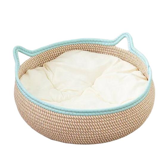 Cat Basket Bed with Cushion Cotton Rope Handwoven Pet Bed Breathable Cat Ear Pet Bed for Indoor Cats