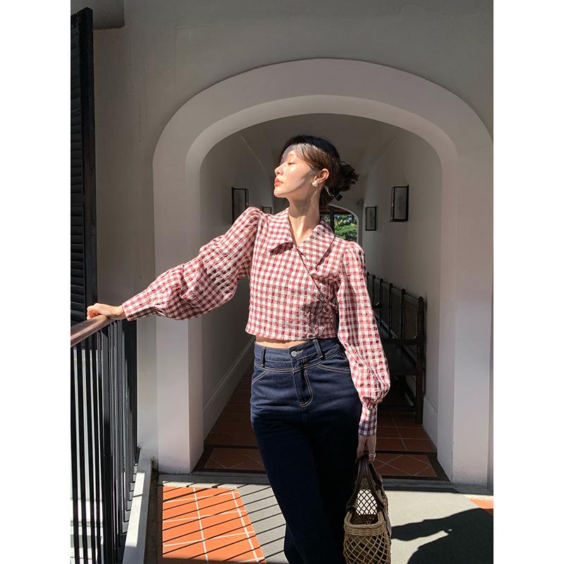Interpret Beauty 2025 Early Spring French Retro Gingham Puff Sleeve Tie-Waist Women's Shirt
