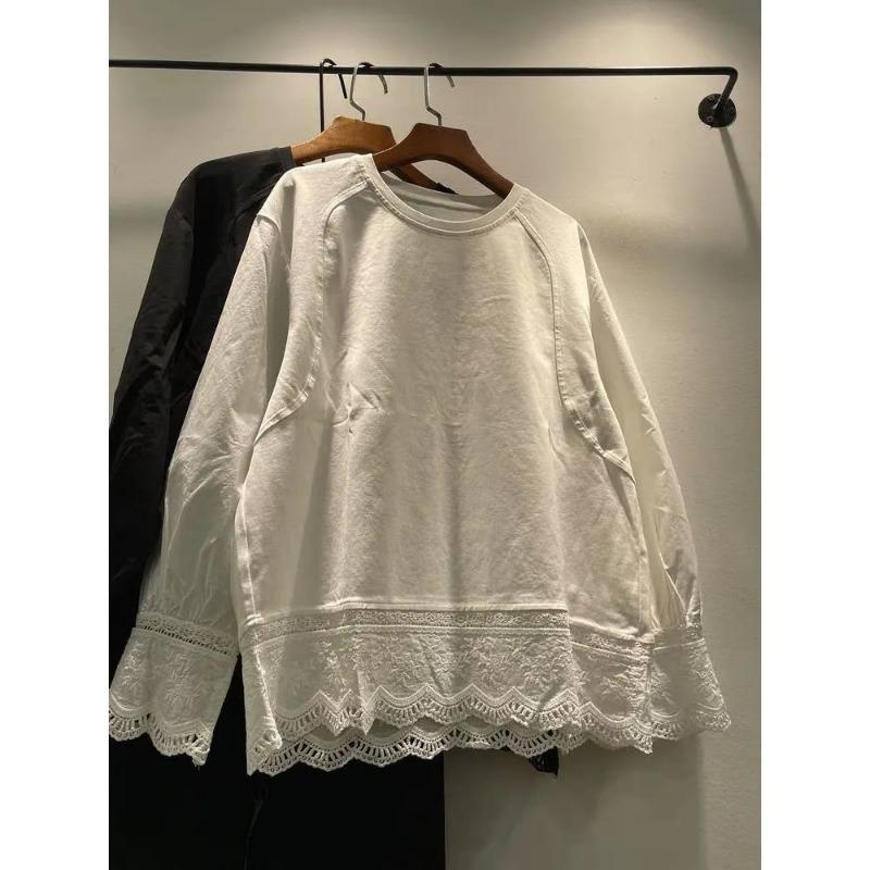 Design-T-Shirt mit gespleißtem Saum und Spitze für Damen, vielseitig, locker, lässig, Rundhalsausschnitt