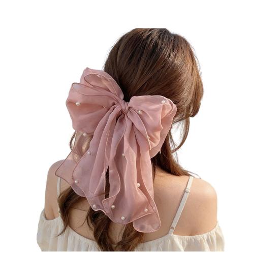 Hairpin Double Layer Bowknot Imitation Pearls Decor Hair Clip Strong Grip Back розовый