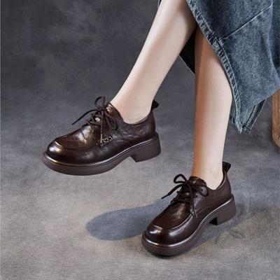 Décolleté a Punta Tacco Medio Scarpe in Vera Pelle Stringate Confortevoli Suola Morbida Scarpe con Tacco Grosso