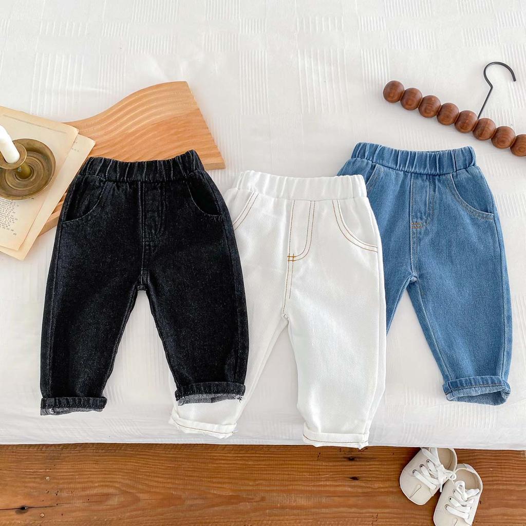Spring Autumn Fashion Children Solid Jeans Girl Baby Retro Denim Casual Pants Boy Kid Pockets Cotton Trousers Toddler Dungarees