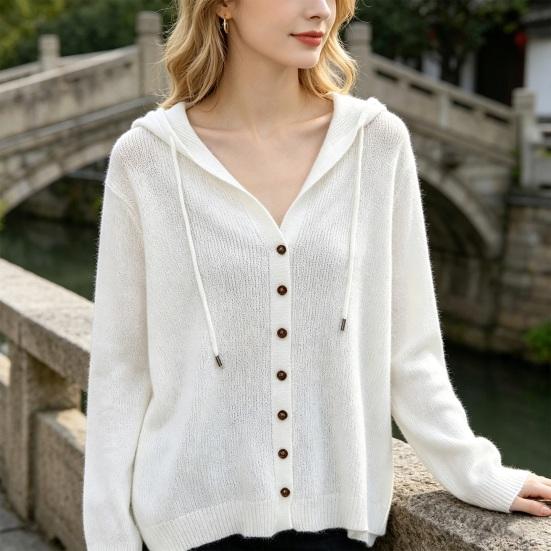 Women Tops Hooded Drawstring Long Sleeve Pure Color Casual Blouse Loose Fit Summer Thin Ice Silk Sun Protection Coat