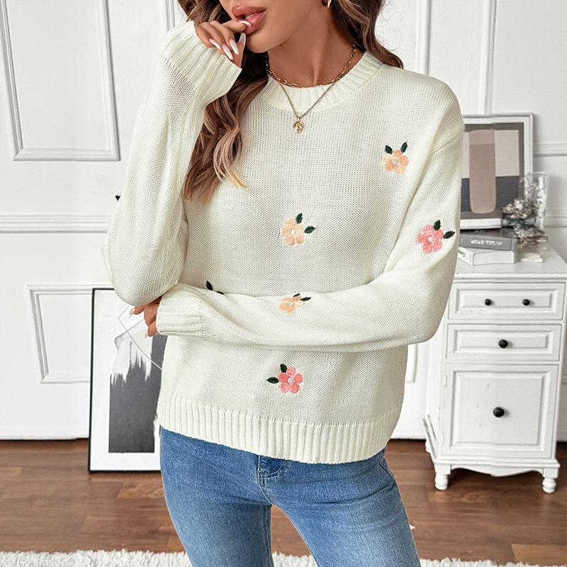 YYFS Women's Fashion Casual Fall Winter Flower Pattern Print Long Sleeve O-Neck Sweaters