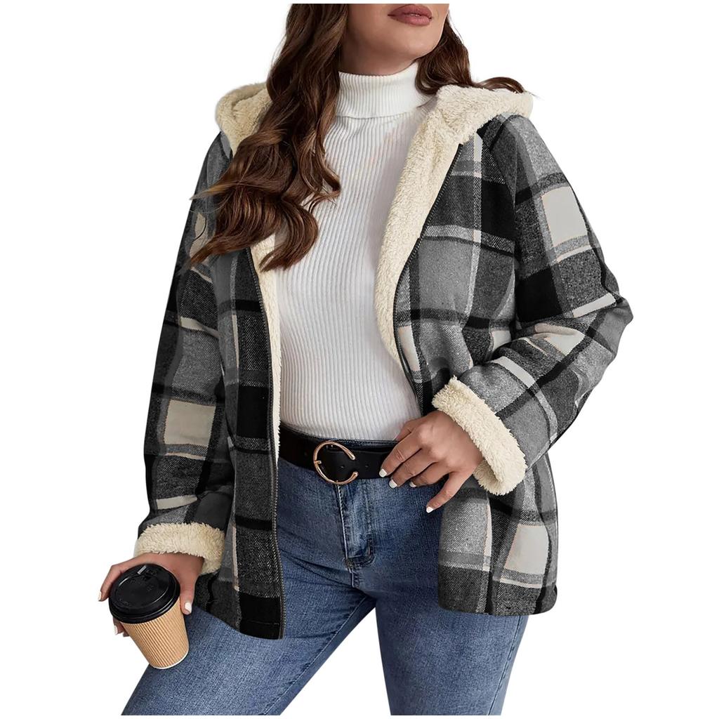 Giacca da Donna a Quadri Taglia L con Cappuccio Autunno Inverno Casual Larga Cappotto a Quadri Bianco Nero Bottone Top Autunnale