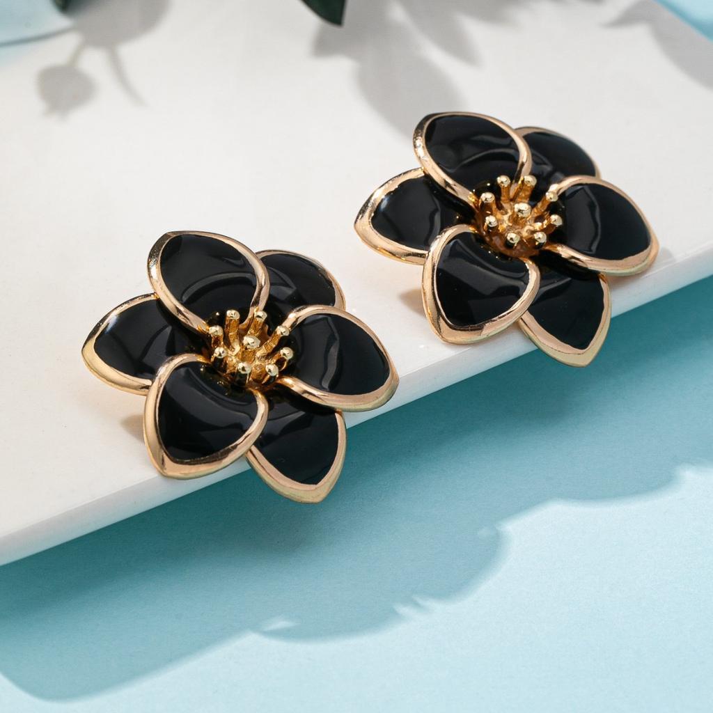 Set Metal Drip Oil Flower Ring + Bracelet + Earrings Personality