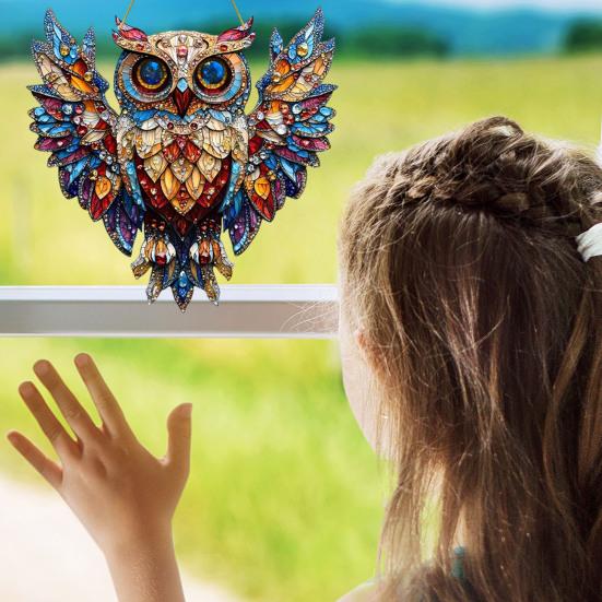 Owl Ornament Stained Glass Blue Green Sun Catcher Enchanting Birds Window Hanging Panel Kitchen Window Decor