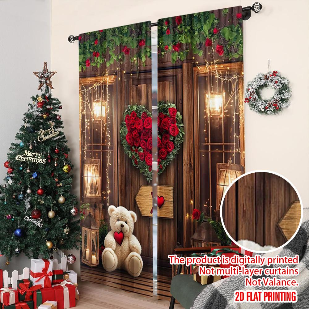 2pcs 2D Flat Printing Merry Christmas Popular Window Curtains Red Rose Wood 0 Fabric Without Electricity Festive Wall Decor for