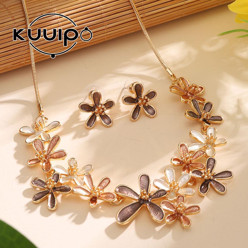 Enamel Set: Zinc Alloy Floral Necklace & Earrings for Women