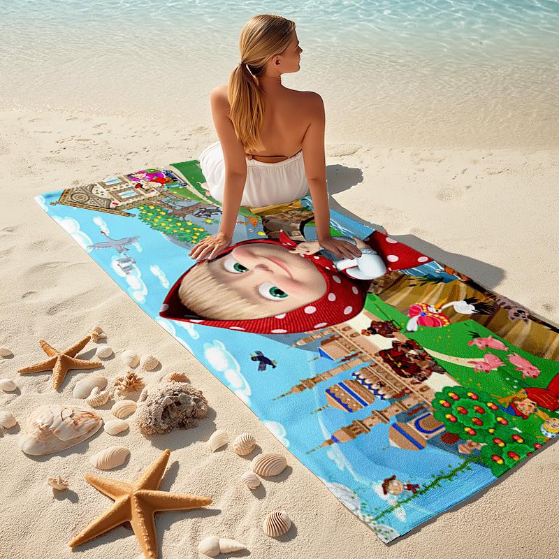 Fairy Tale Cute Cartoon Masha and the Bear Beach Towel, Outdoor Camping Beach Towel for Vacation Swimming, Outdoor Pool, Absorbent Bath Towel, H8