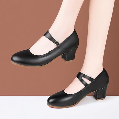 3.5cm 5.5cm All Match Comfortable Shallow Soft Leather Mary Janes Platform Shoes 2025 Spring Med Block Heels Shoes Office Mom
