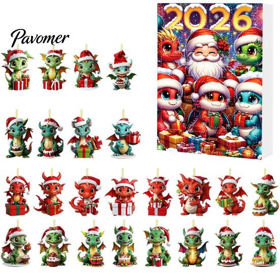 Holiday Hanging Ornaments Dragon Advent Calendars 2026, 24 Days Christmas Countdown Calendar with Surprise Gifts for Kids 2D Acrylic Ornaments,