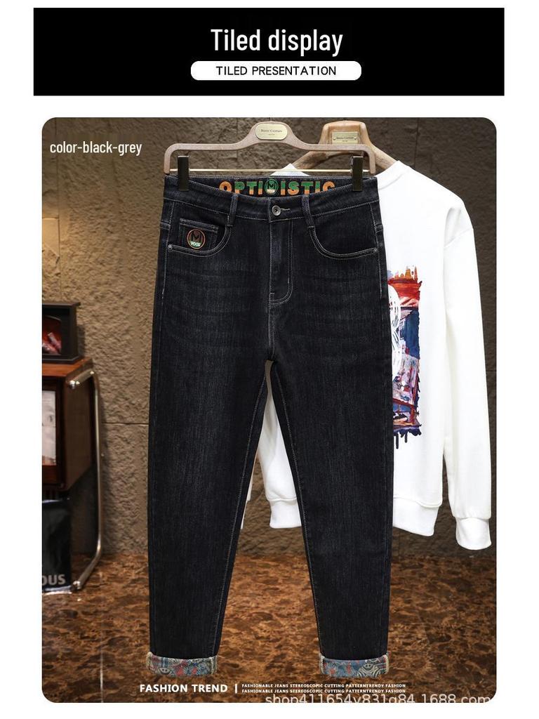 Pánské volné rovné strečové džíny s výšivkou - Trendy podzimní styl 2025 ležérní dlouhé kalhoty