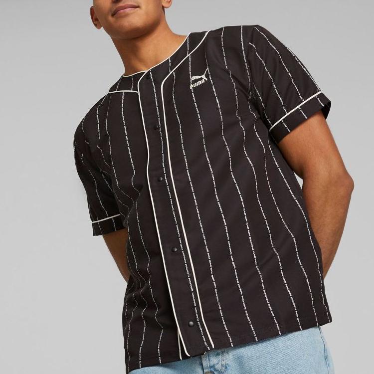 Puma Striped Print Single-Breasted Round Neck Short Sleeve Shirt Men Shirts Black 622579-01