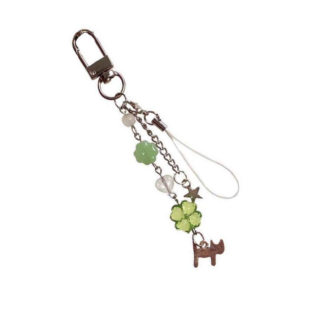 Cat Charm with Four Leaf Clovers Keychain Colorful Beaded Keyring Decoration Hanging Ornament for Bags and Phones
