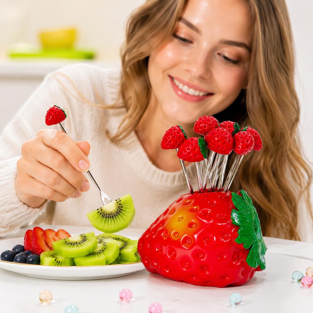 Edelstahl Obstgabel Set mit Erdbeer-Design Halter 6 Stück Vorspeisengabeln für Party-Servieren und Küchengebrauch