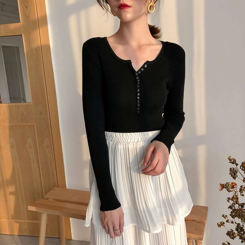 Autumn and Winter V-neck Sweater Women's Thin Knit Sweater Interior Base Shirt and Top
