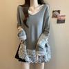 Plus Size V-Neck Velvet Lace Patchwork Long Sleeve Top for Women - Autumn/Winter 2025 Fashion